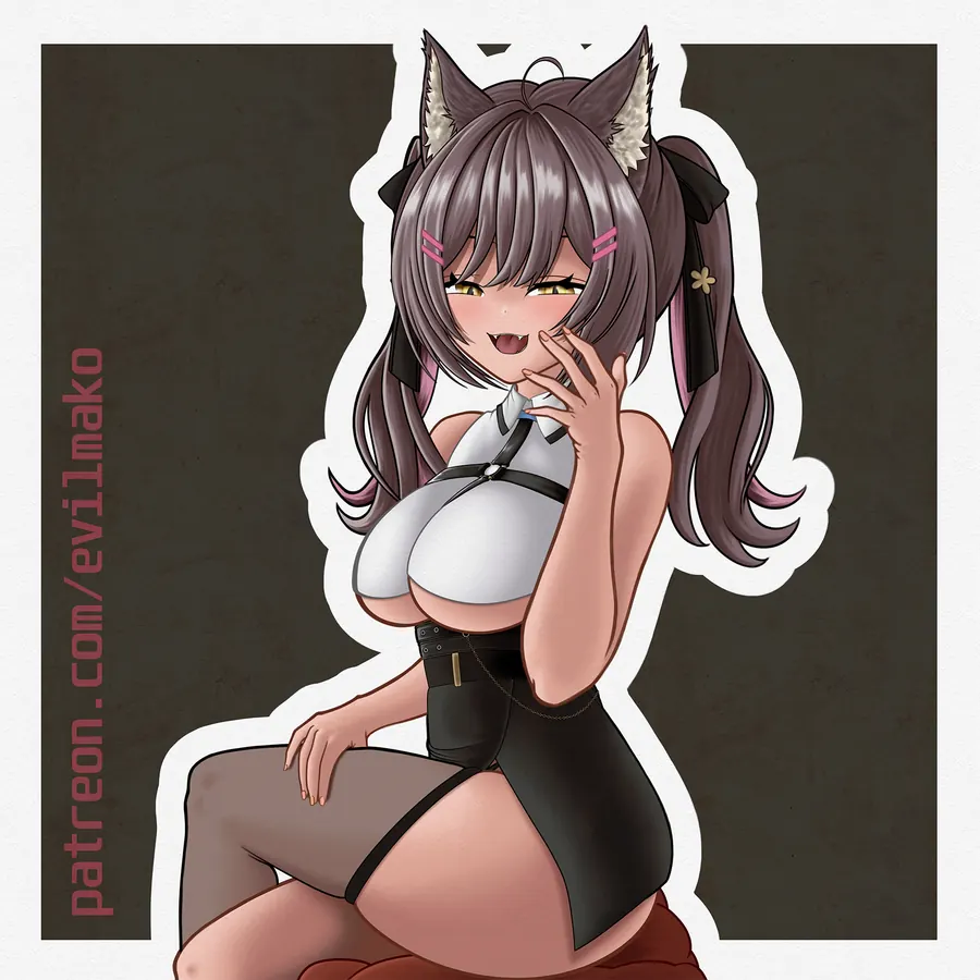 Illustration by Mako: cat-eared character in a sticker cut-out style on a dark ground.