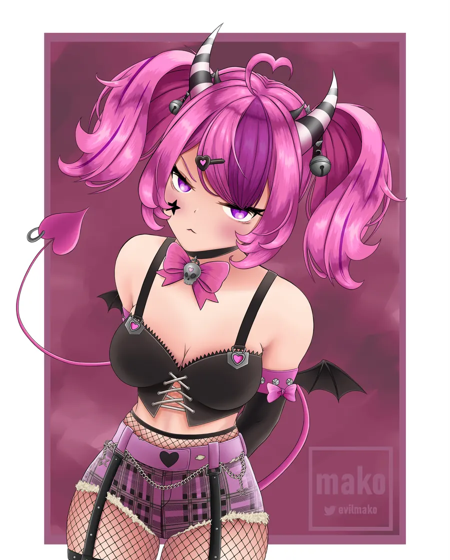 Illustration by Mako: pink-haired demon girl with striped horns and a heart-tipped tail.