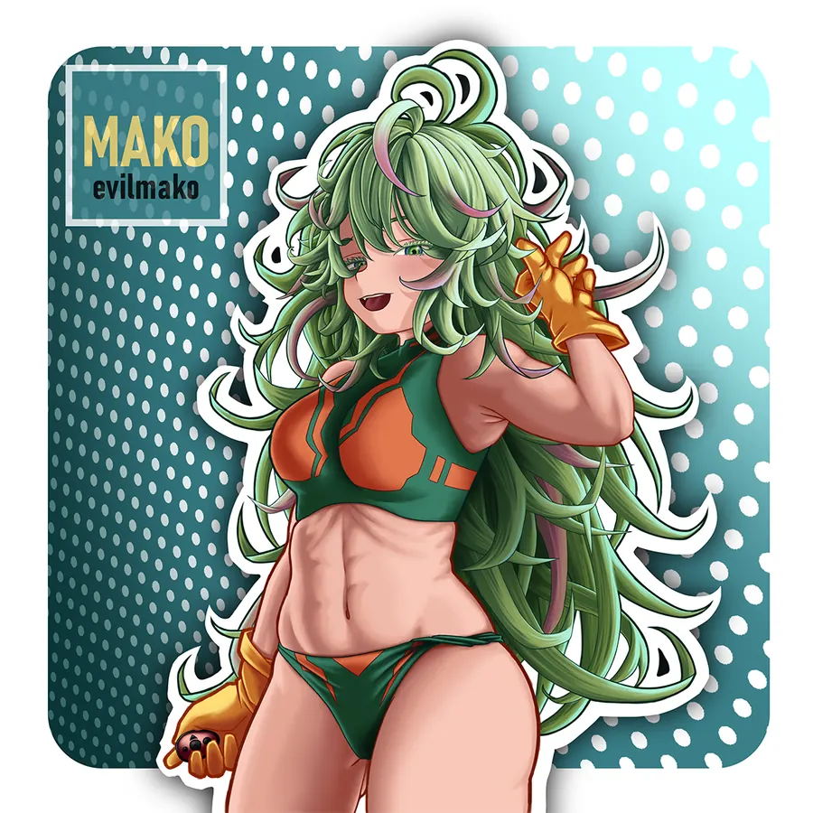 Illustration by Mako: green-haired heroine in a sticker-style frame with halftone dots.