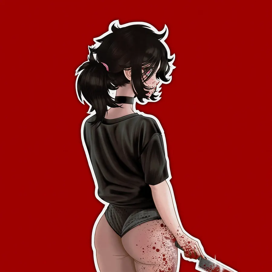 Illustration by Mako: girl in a black tee against a flat red field.