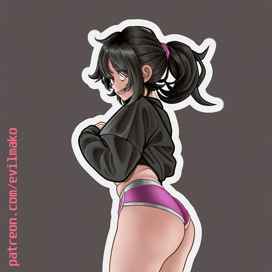 Illustration by Mako: ponytailed character in a dark hoodie, sticker cut-out style.