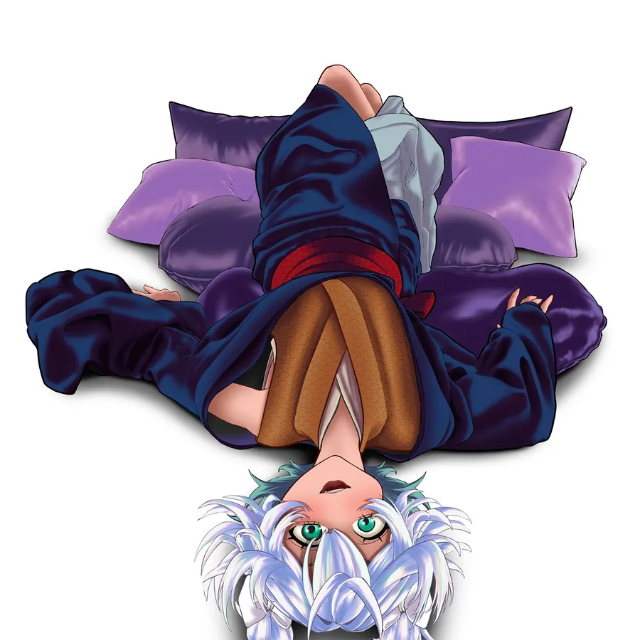 Illustration by Mako: white-haired character lying back across purple cushions in a dark kimono.
