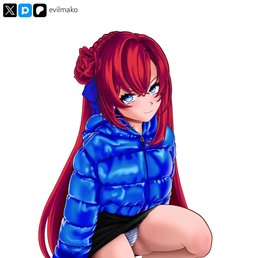 Illustration by Mako: red-haired girl in a blue puffer jacket.
