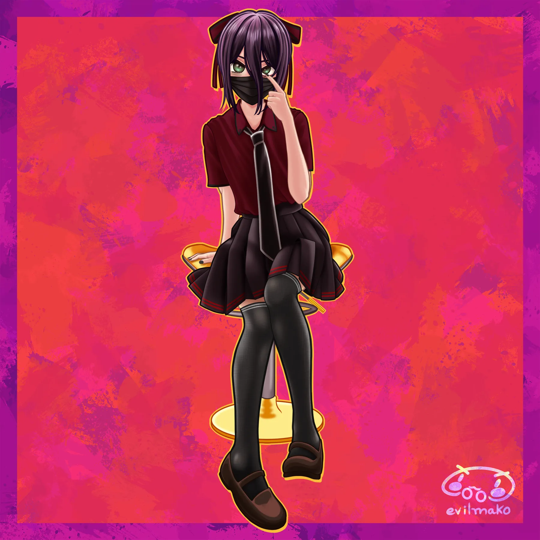 Illustration by Mako: masked schoolgirl seated against a painted red and magenta background.