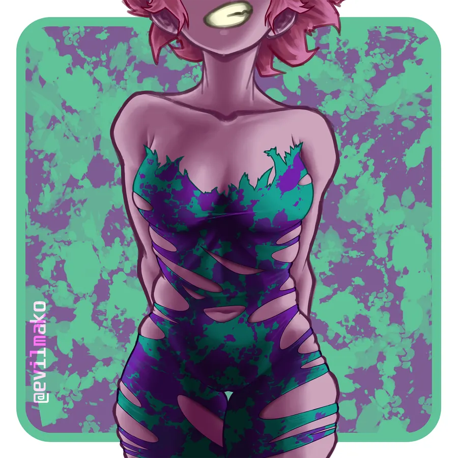 Illustration by Mako: figure in a torn patterned dress over a green and violet splatter background.